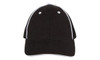 A black cap with white accents and a mesh back, featuring ventilation holes and a branded logo.