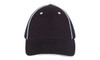 A black cap with a structured design and contrasting white stitching, featuring a mesh back and a logo.