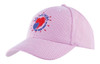 A pink mesh covered cotton twill cap with an embroidered logo on the front.