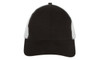 A black cap with a grey mesh back and a curved brim, featuring a logo on the front.