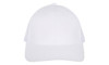 A white cap with a curved brim and mesh back, featuring a logo on its front.