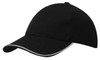 A black cap with a rounded crown and a contrasting white trim along the brim. It features a logo on the front.