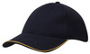 A navy cap with a contrasting yellow trim and a structured design. It features a logo on the front.