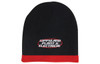 A two-tone acrylic beanie in black with a red cuff and a logo on the front.