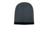A two-tone acrylic beanie in grey with a dark navy roll-down cuff, featuring a logo.