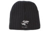 A black cable knit beanie featuring an embroidered logo of a shark character.