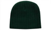 A green cable knit beanie with a ribbed texture and a small logo.