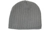 A grey cable knit beanie with a textured ribbed pattern and no visible branding.