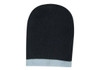 A two-tone cable knit beanie in dark grey with a light grey band at the bottom. Features a logo.