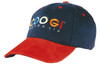 A cap featuring a navy blue crown and a red suede peak, with a logo on the front.