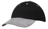 A black cap with a grey suede peak and contrasting stitching, featuring a logo on the front.