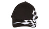 A black cap with a checkered white pattern on the brim and a logo on the front.