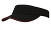 A black visor with a red trim and a logo on the side. Made from brushed heavy cotton material.