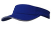 A blue brushed heavy cotton visor with a contrasting trim and a logo on the front.