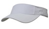 A white brushed heavy cotton visor featuring a curved peak and an adjustable band, with a logo present.
