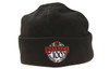 A black micro fleece beanie featuring an embroidered logo. The beanie has a folded cuff.