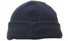 A navy micro fleece beanie with a rolled-up cuff and a branding logo.