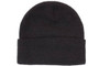 Acrylic beanie in solid black, featuring a simple, folded design and a logo on the side.