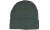 A green acrylic beanie with a folded brim and a textured finish. Features a logo on the side.
