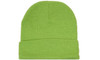 Acrylic beanie in bright green with a folded cuff, featuring a logo on the side.