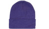 Acrylic beanie in a deep purple colour, featuring a rolled cuff. It has a simple design and a small logo.