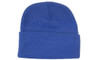 Acrylic beanie in vibrant blue, featuring a simple, classic design and a fold-over cuff.