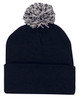 Acrylic beanie in black with a textured grey pom pom on top. The beanie features a fold-over cuff.