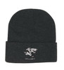 Acrylic beanie in dark grey featuring an embroidered shark graphic and a logo.