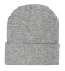 Acrylic beanie in a soft grey colour with a rolled cuff and a simple logo.