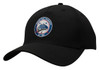 A black cotton twill cap featuring a logo and a curved brim. The cap has a buckle strap at the back.