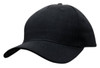 A black cotton twill cap with a buckle and a curved brim, featuring a logo.