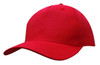 A red cotton twill cap with a buckle, featuring a curved brim and a seamless design.