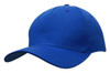 A blue cotton twill cap with a buckle and a curved visor, featuring a branding logo.