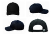 A navy cotton twill cap with a buckle, featuring a smooth design and logo emblem. Multiple angles are displayed.