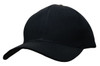 A black cotton twill cap with a buckle at the back and a structured peak. It features a logo on the front.