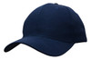 A navy blue cotton twill cap with a buckle and a logo on the front.