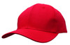 A red cotton twill cap with a buckle and a logo on the front.