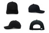A black cotton twill cap with a buckle, displayed from multiple angles, including front, back, and sides.