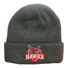 A grey knitted beanie featuring a logo with a hawk design on the front.