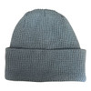 A grey 6 seam knitted beanie with a textured design and fold-over cuff, featuring a logo.