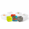 A set of colourful jelly cube sensory toys in red, yellow, blue, and grey, with clear plastic containers and logos.