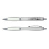 A plastic pen featuring a translucent design with a silver accent and a comfortable grip.