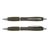 A translucent plastic pen in olive green, featuring silver accents and a clip. The image displays two views of the pen.