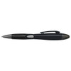 A plastic pen in black with a silver accent and a clip, featuring a logo on the barrel.