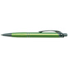 A green metal pen with a textured grip and a clip, featuring a shiny silver tip. It has a logo on the side.