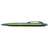A metal pen in vibrant green with a textured grip and a silver clip, featuring a logo.