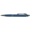 A metal pen in a vibrant blue colour with a textured grip and a silver clip, featuring branding.