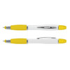 A multi-function pen in white and yellow, featuring a silver clip and ends. The pen has a sleek, modern design.