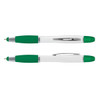 A multi-function pen featuring a green and white design, with a textured grip and a sleek metallic accent.