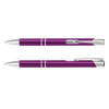 A metal pen set in a vibrant purple colour with silver accents and a logo on one side.